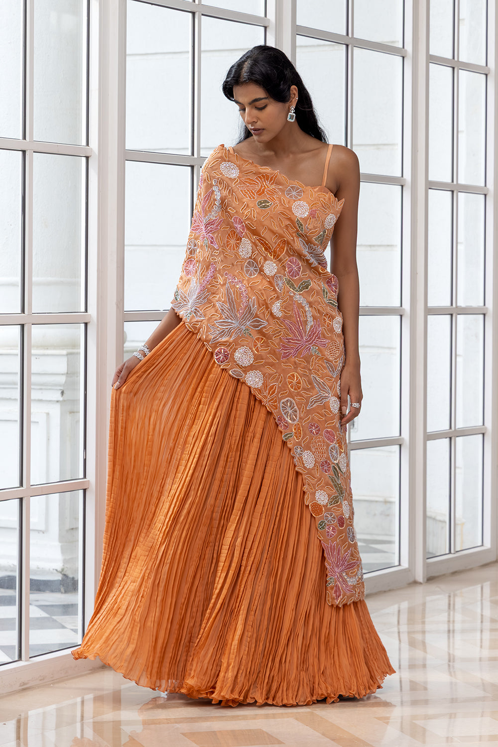 Zinnia Orange Floral Embroidered Cape with Inner Dress