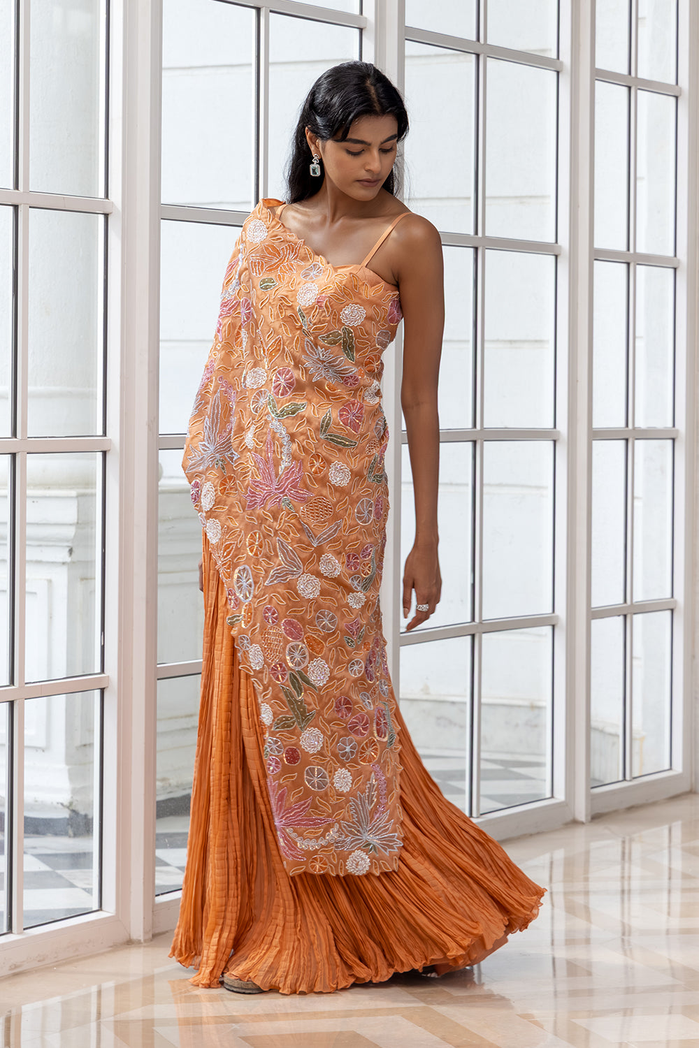 Zinnia Orange Floral Embroidered Cape with Inner Dress