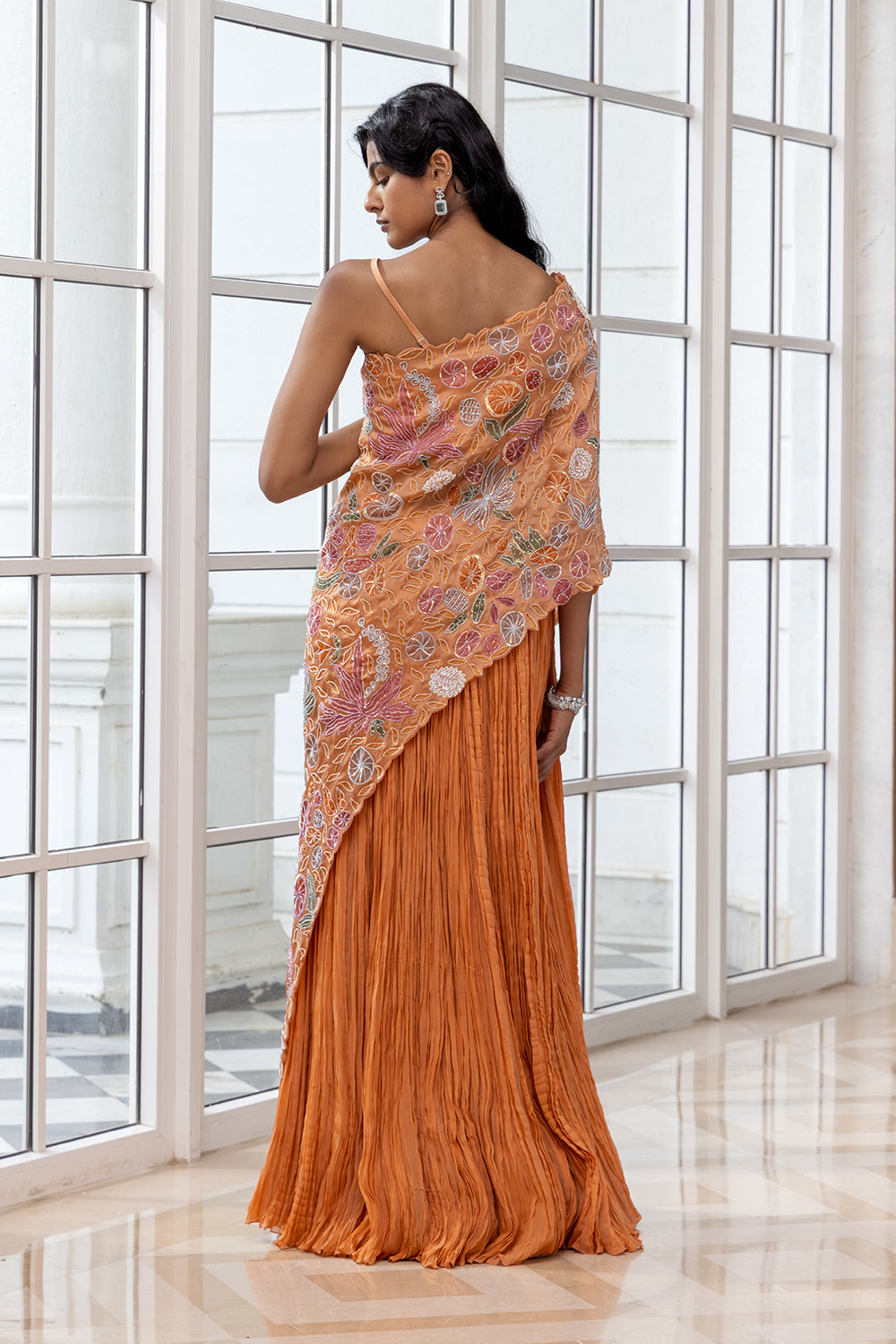 Zinnia Orange Floral Embroidered Cape with Inner Dress