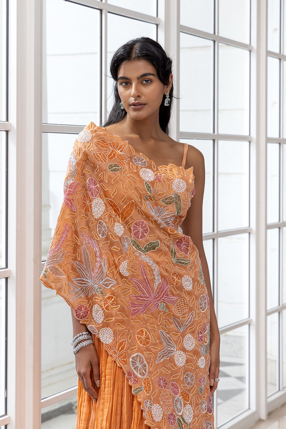 Zinnia Orange Floral Embroidered Cape with Inner Dress
