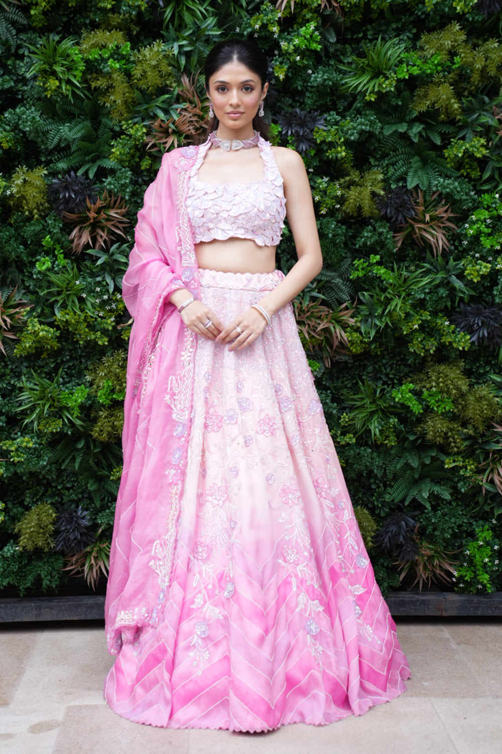 Baby Pink to Dark Leheriya Pink Satin Organza Lehenga with Blouse and Dupatta