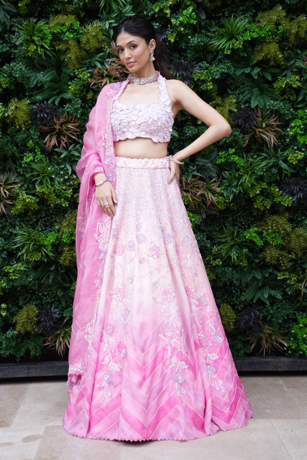 Baby Pink to Dark Leheriya Pink Satin Organza Lehenga with Blouse and Dupatta
