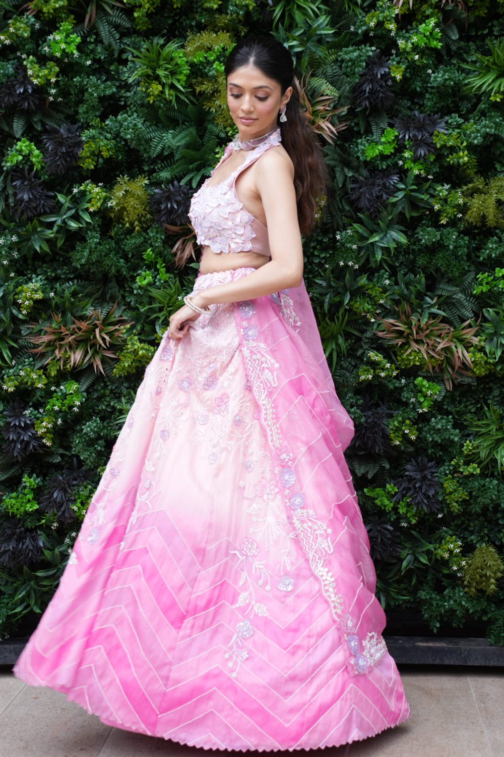 Baby Pink to Dark Leheriya Pink Satin Organza Lehenga with Blouse and Dupatta