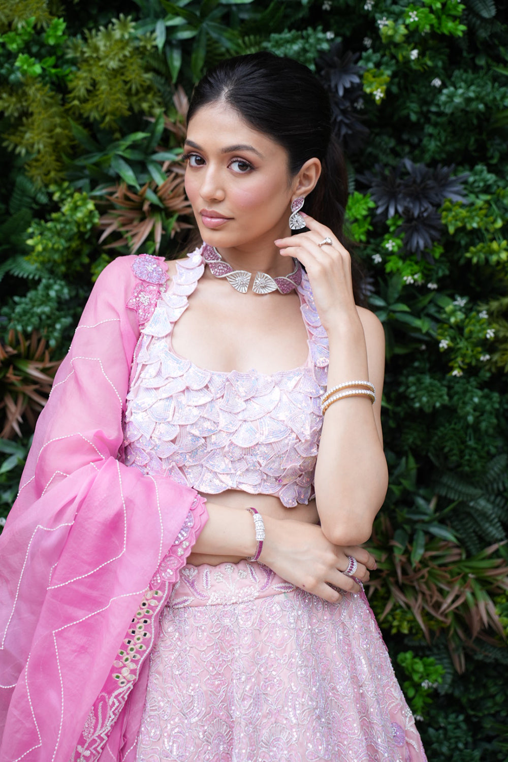Baby Pink to Dark Leheriya Pink Satin Organza Lehenga with Blouse and Dupatta