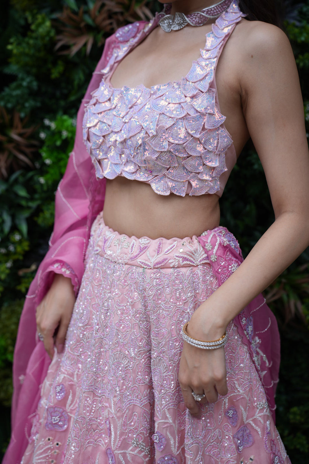 Baby Pink to Dark Leheriya Pink Satin Organza Lehenga with Blouse and Dupatta