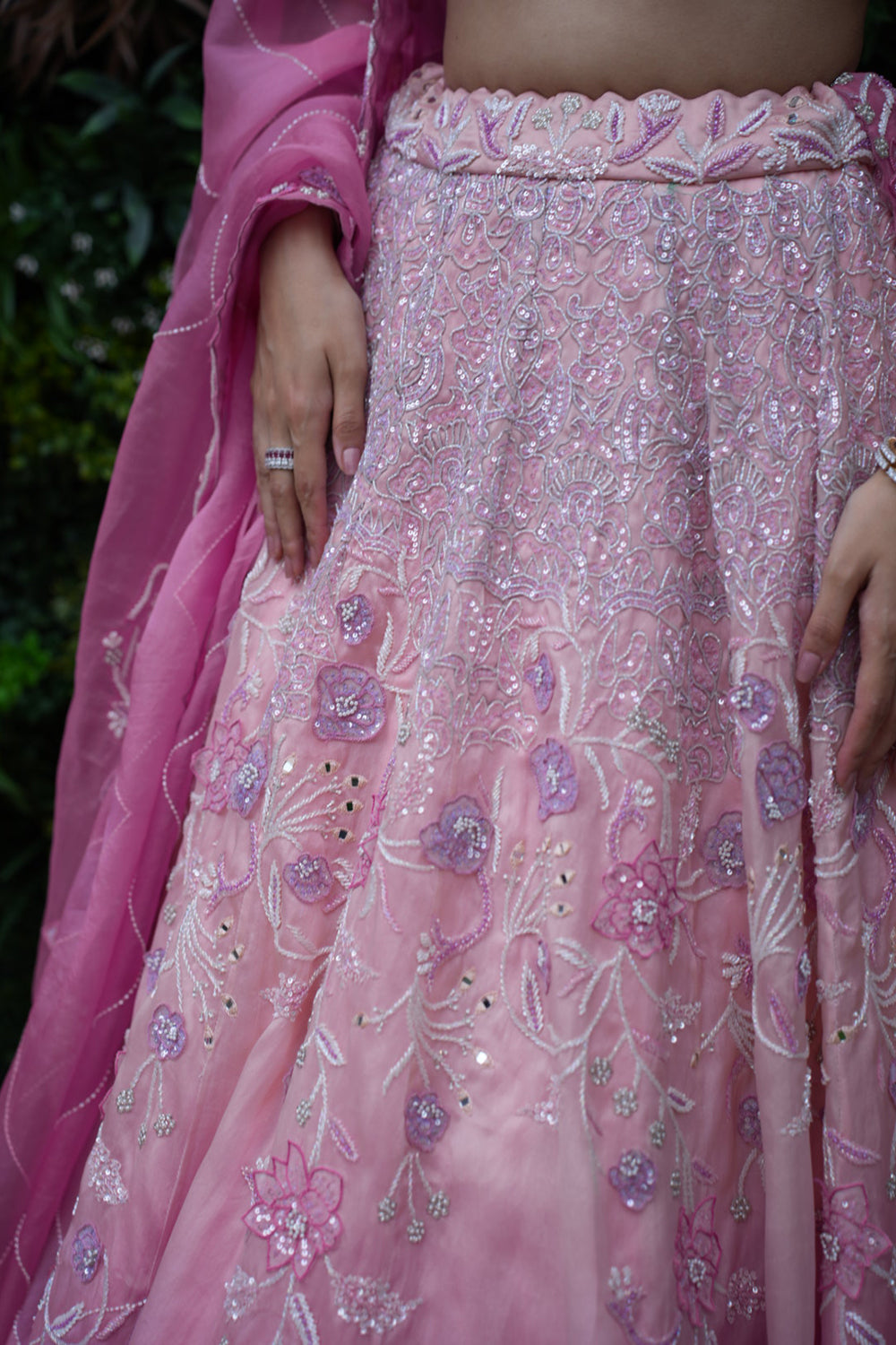 Baby Pink to Dark Leheriya Pink Satin Organza Lehenga with Blouse and Dupatta