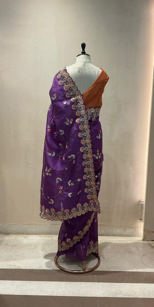 Purple Embroidered Silk Saree with Contrast Orange Blouse