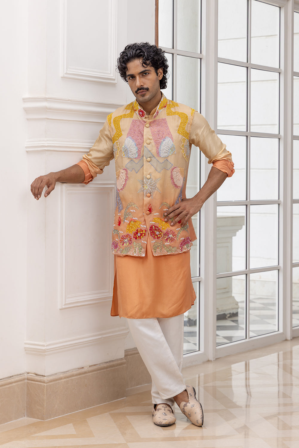 Zayden Peach Ombre Embroidered Bundi with Kurta and Pants
