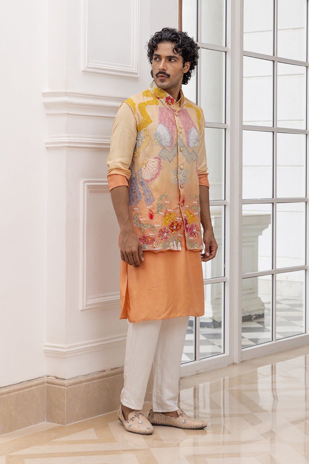 Zayden Peach Ombre Embroidered Bundi with Kurta and Pants