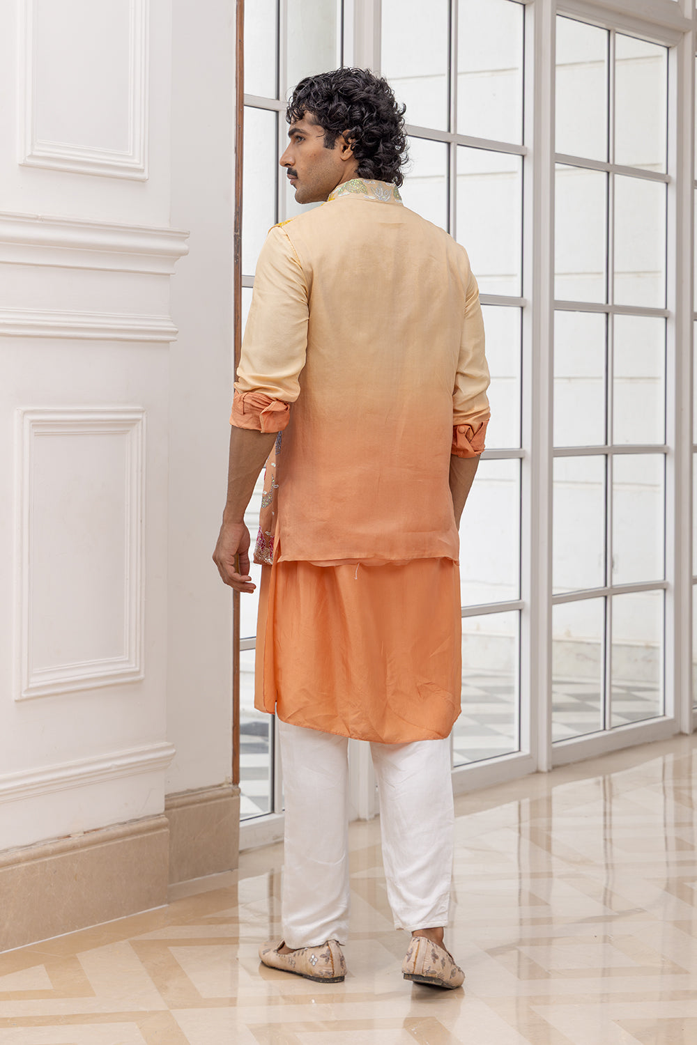 Zayden Peach Ombre Embroidered Bundi with Kurta and Pants