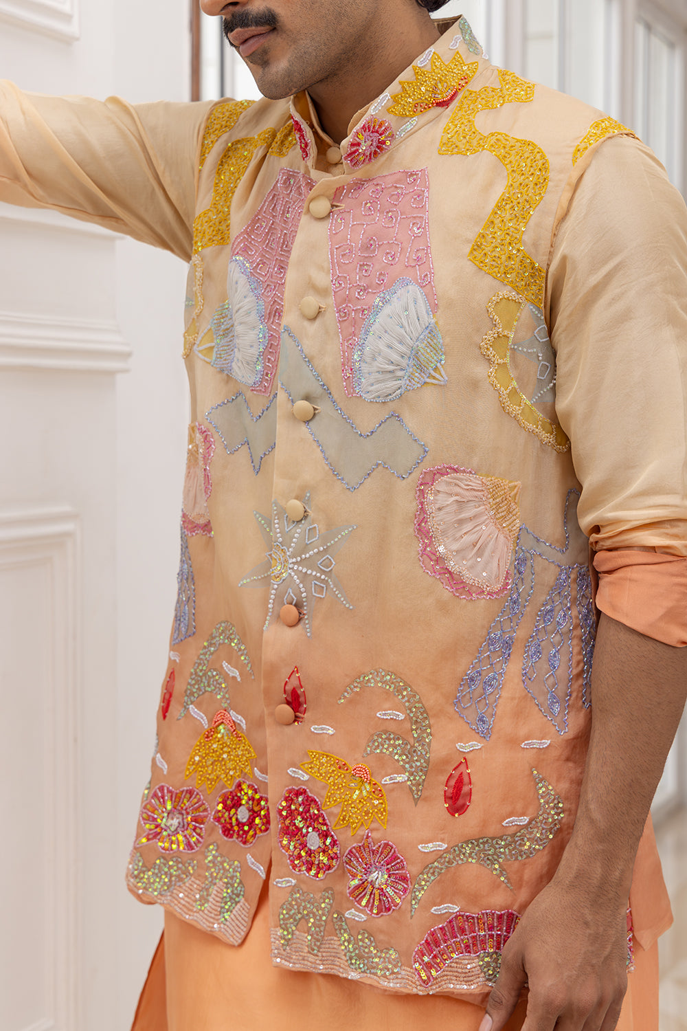 Zayden Peach Ombre Embroidered Bundi with Kurta and Pants