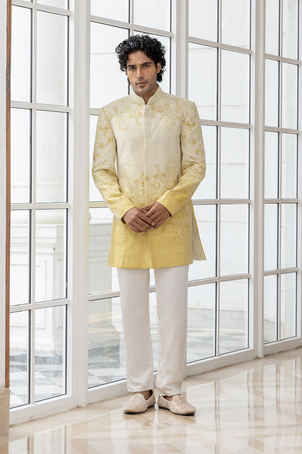 Navir Embroidered White-Yellow Ombre Bandhgala Jacket with White Pants