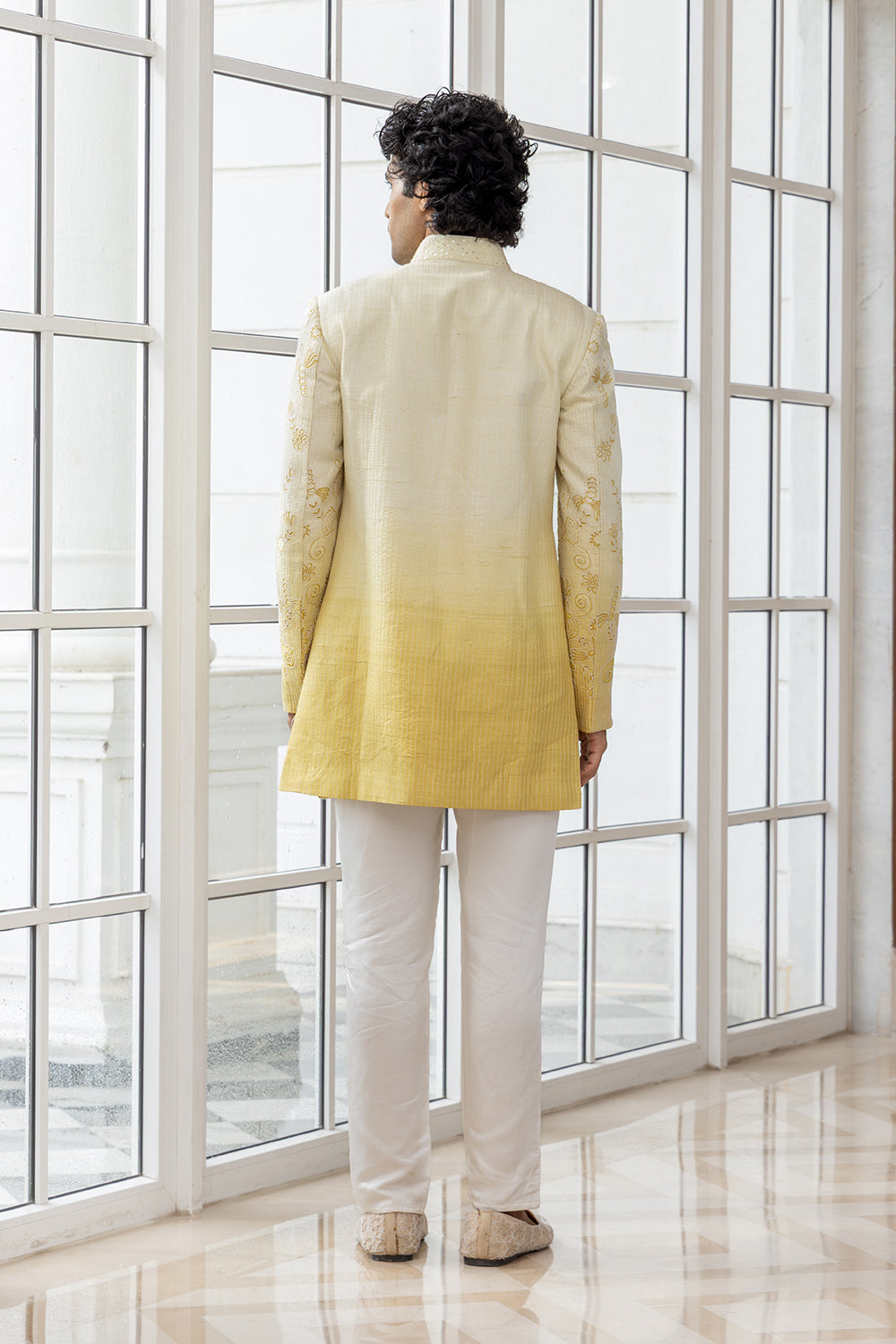 Navir Embroidered White-Yellow Ombre Bandhgala Jacket with White Pants