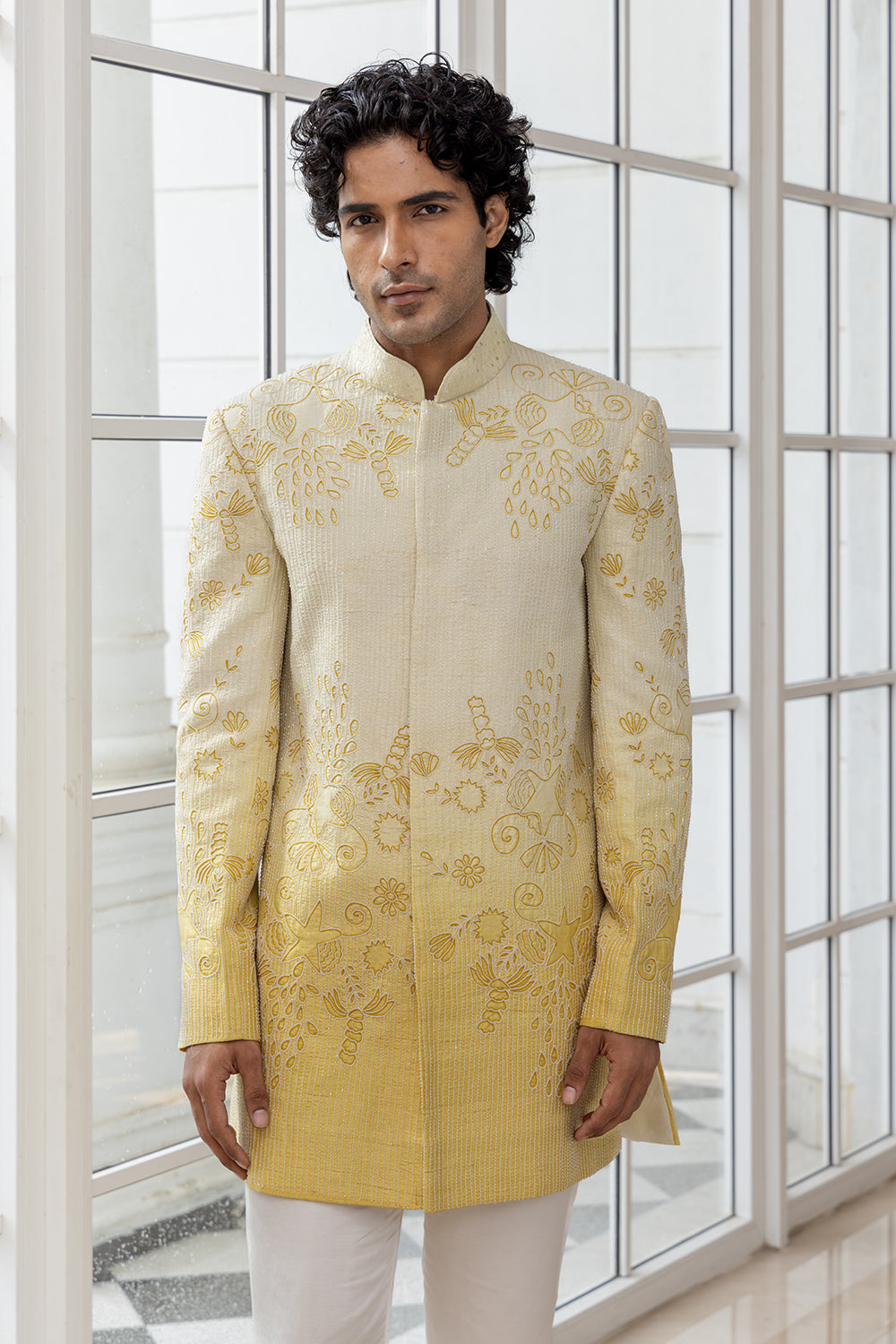 Navir Embroidered White-Yellow Ombre Bandhgala Jacket with White Pants