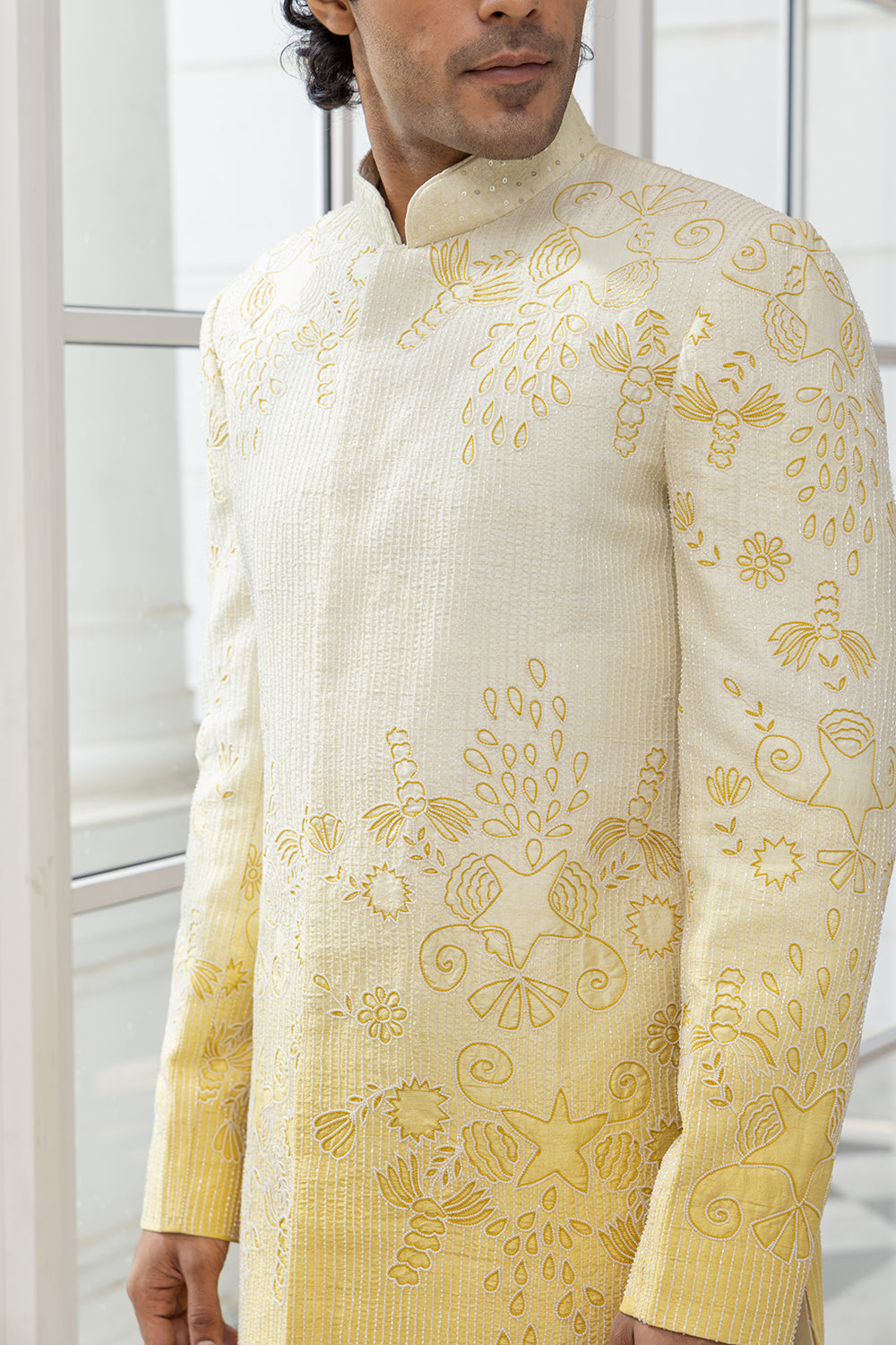 Navir Embroidered White-Yellow Ombre Bandhgala Jacket with White Pants