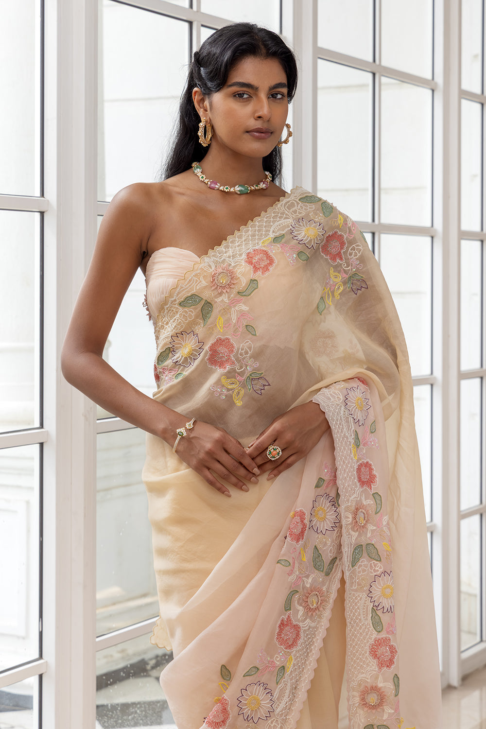 Noelle Cream Embroidered Saree with Matching Strapless Blouse
