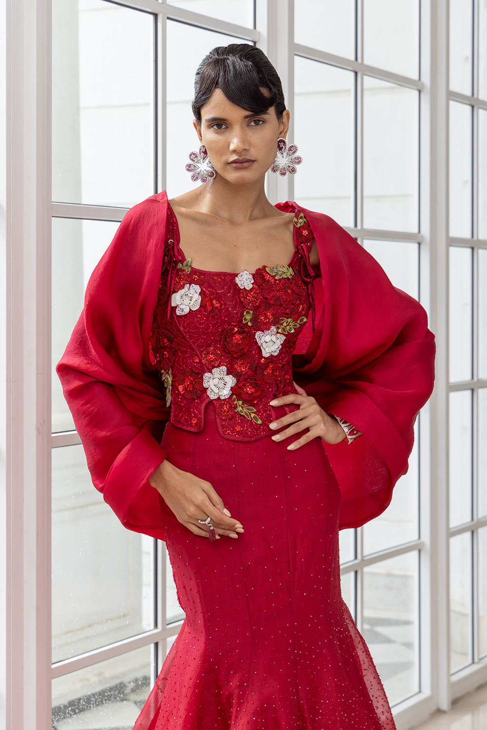 Valencia Red Kali and Circular Lehenga with 3D Embroidered Corset