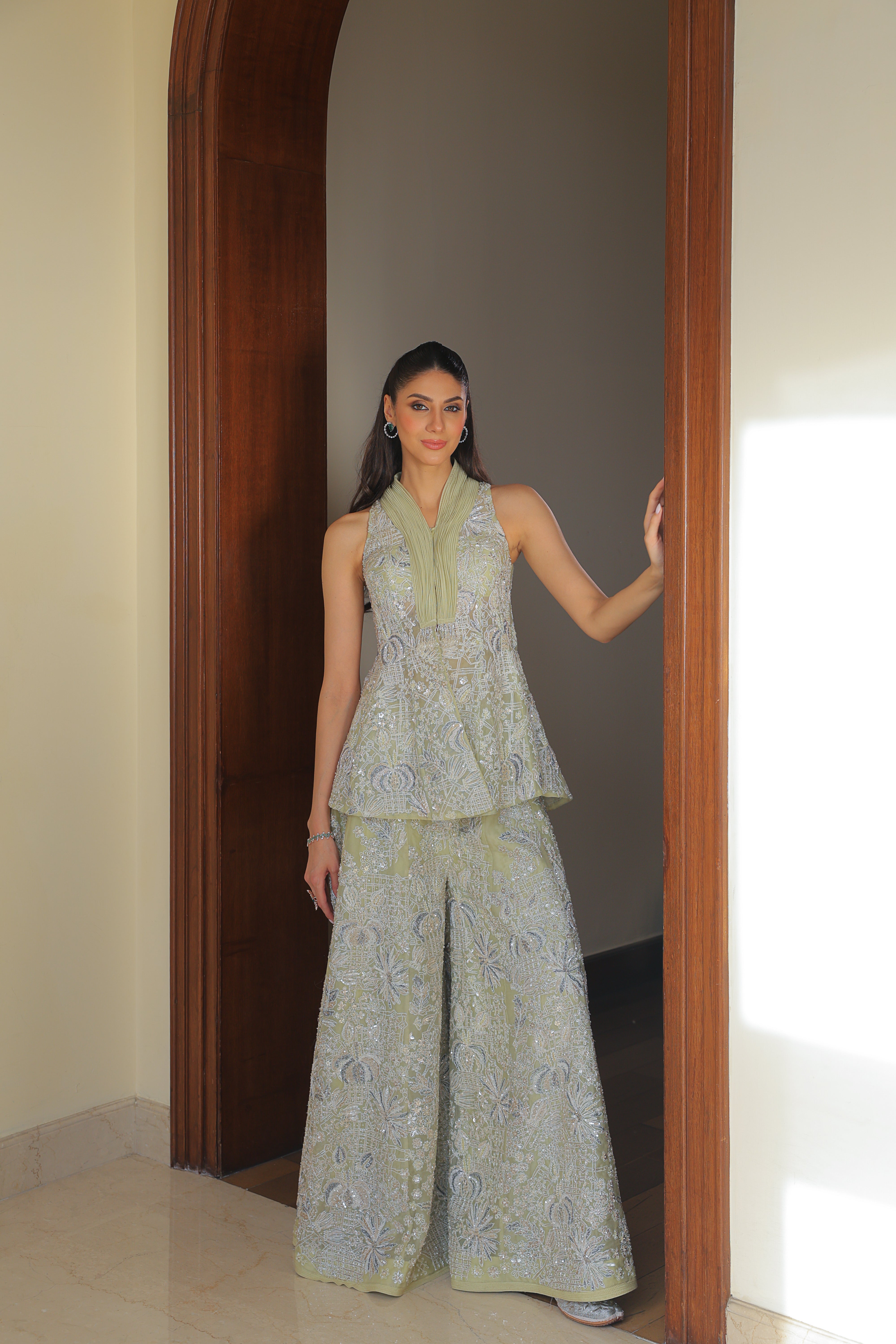 Pistachio Green Embroidered Sharara Set with Pleated Halter Neckline