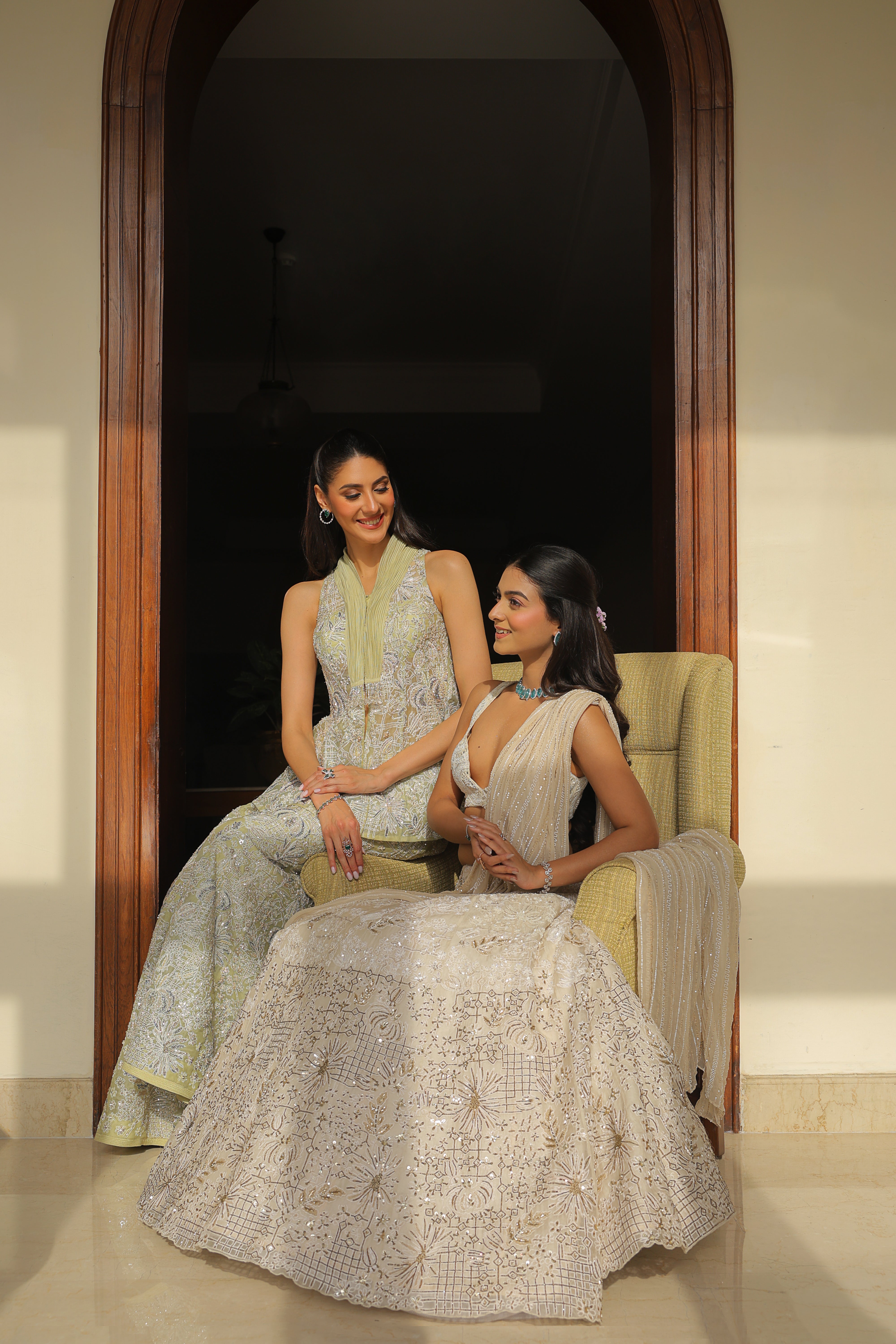 Pistachio Green Embroidered Sharara Set with Pleated Halter Neckline