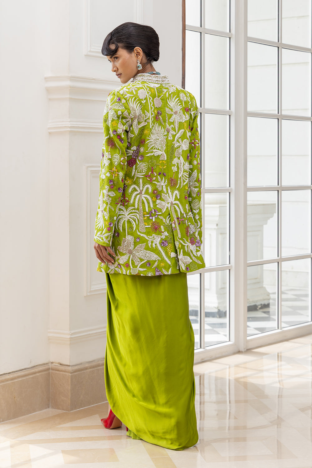 Floryn Parot Green Bandhgala, Blouse and Draped Skirt