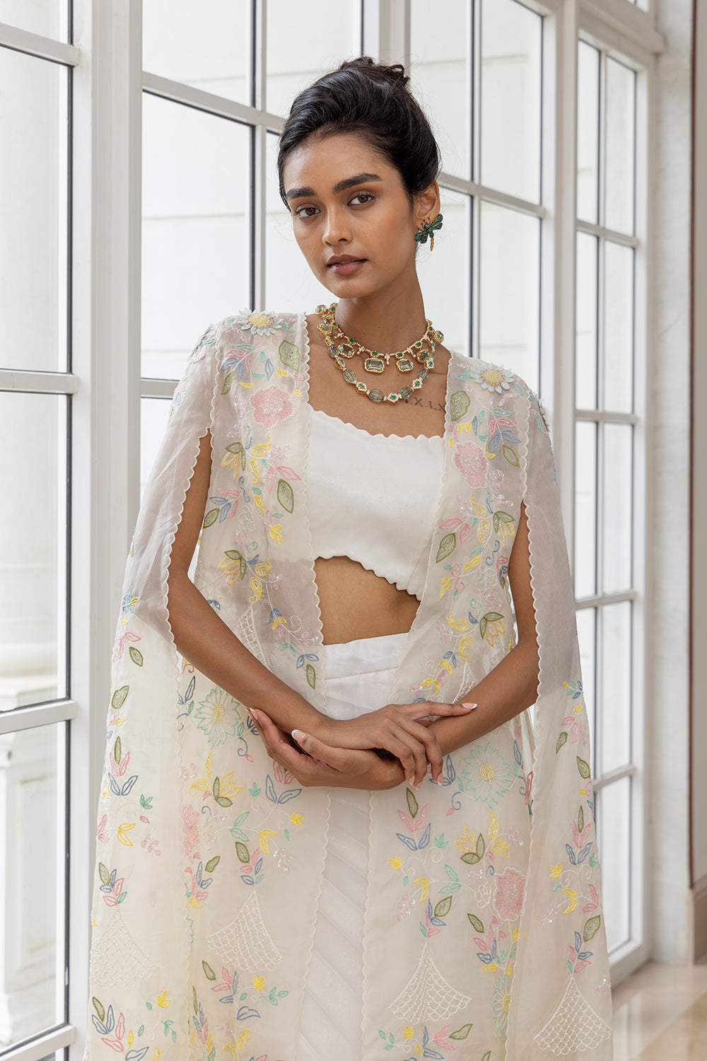 Ophelia White Hand Painted Jacket with Plain Pleated Skirt and Matching Blouse