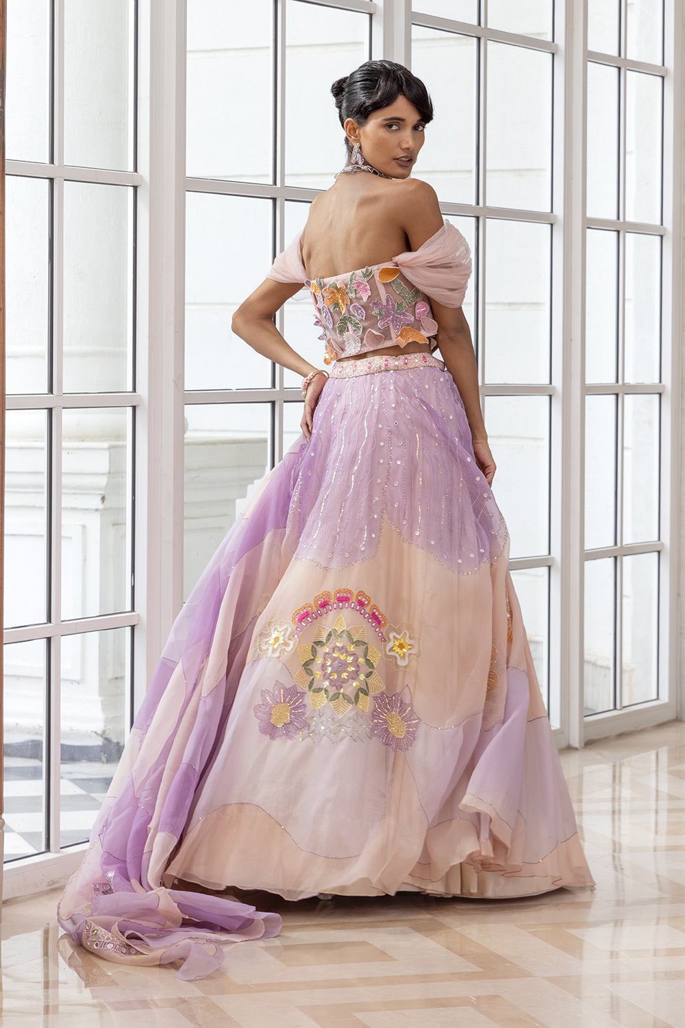 Calista Floral Multicoloured 3D Applique Off Shoulder Blouse, with Handpainted Skirt and matching dupatta