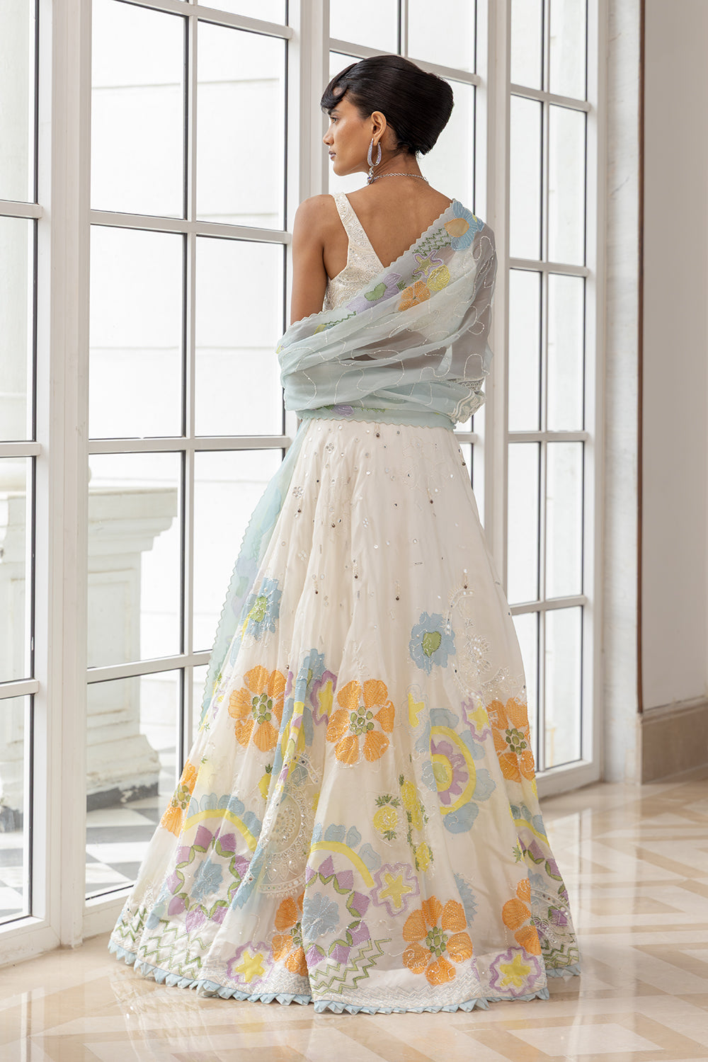 Mehira Hand Painted Blue-White Mandala Lehenga with Matching Blouse and Dupatta