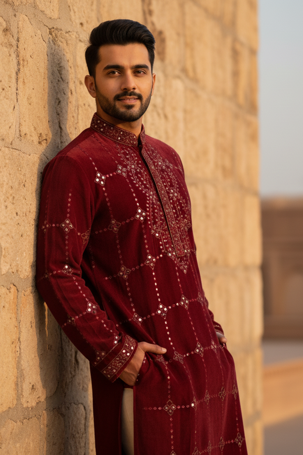 Maroon Mirrorwork Kurta Set