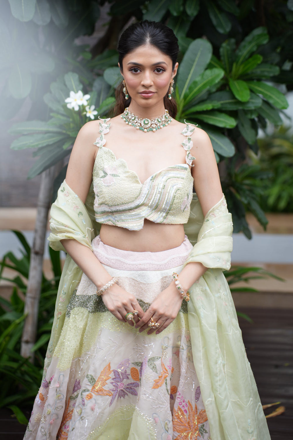 Mint Green Satin Organza Lehenga with Blouse and Dupatta