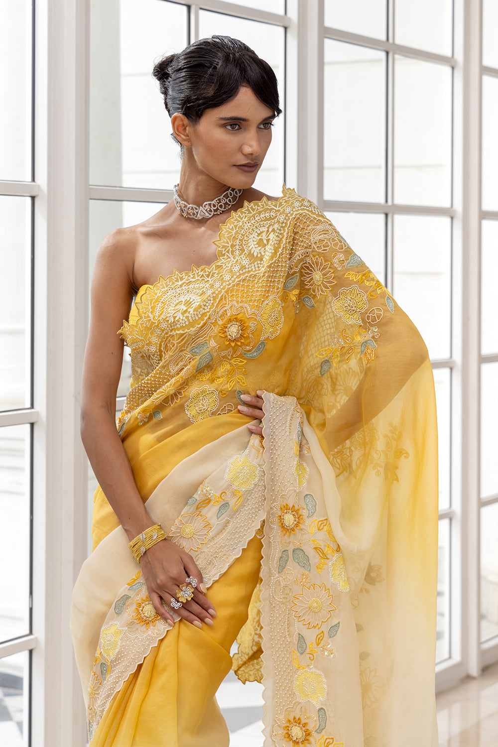 Heliane Mustard-Cream Embroidered Draped Saree with Strapless Blouse