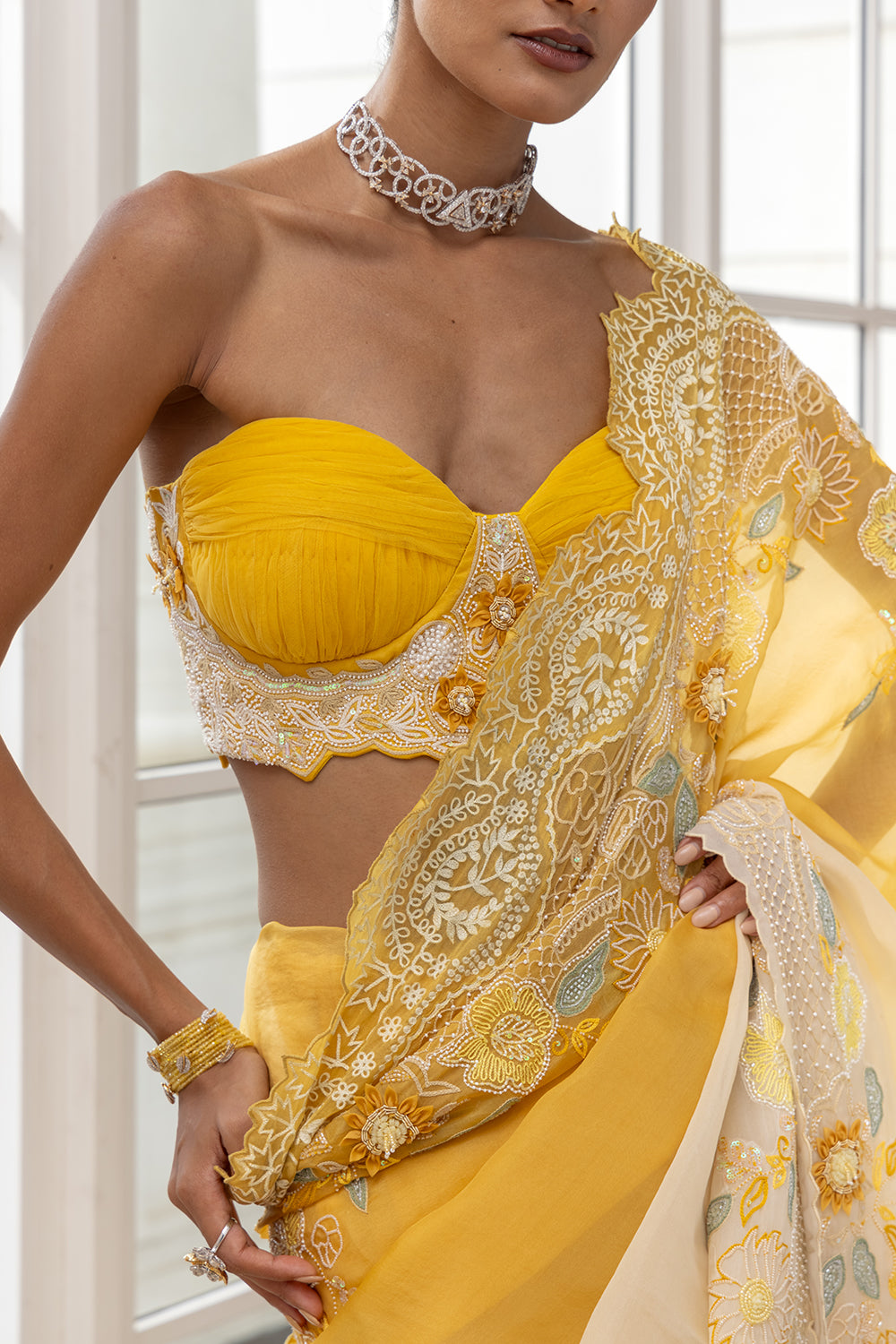 Heliane Mustard-Cream Embroidered Draped Saree with Strapless Blouse