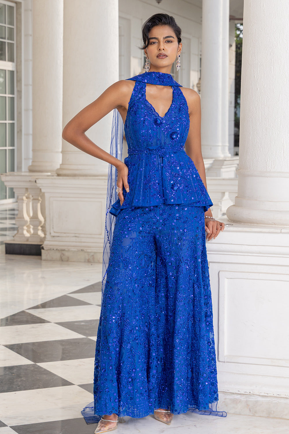 Saphyra Electric Blue Sharara and Halter Neck Peplum with Dupatta