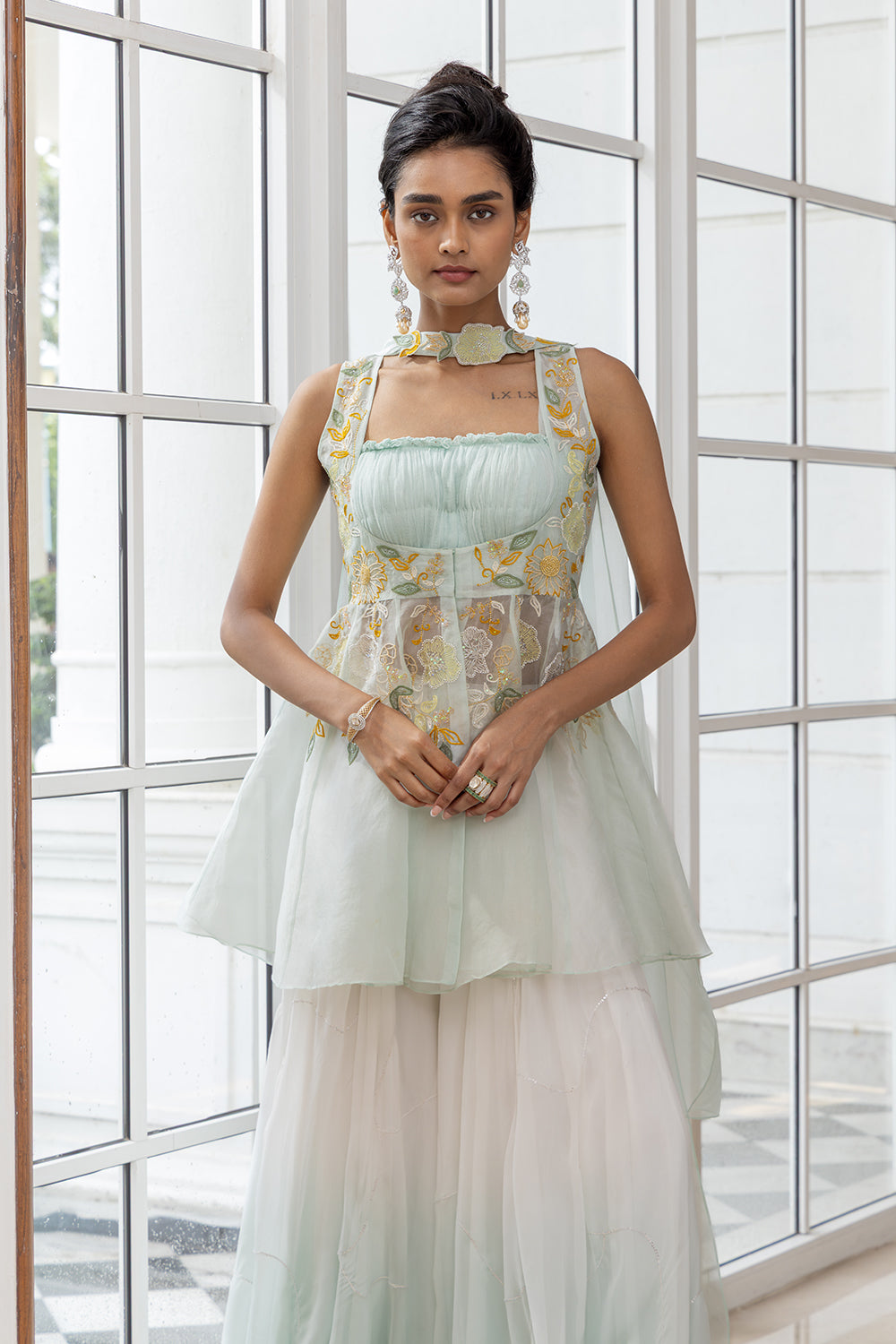 Alarice Blue Embroidered Peplum Jacket with Ruched Blouse and Flared Pants