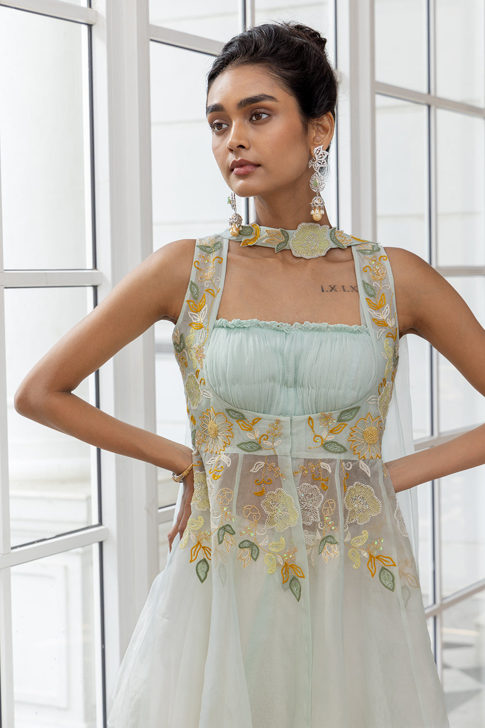 Alarice Blue Embroidered Peplum Jacket with Ruched Blouse and Flared Pants