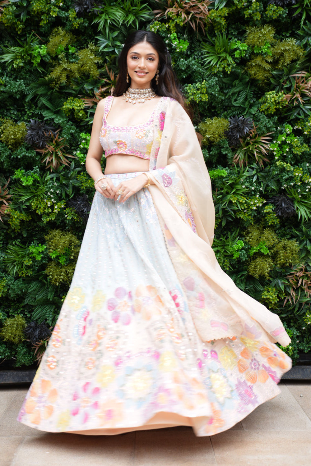 Sky Blue to Peach Satin Organza Lehenga with Blouse and Dupatta