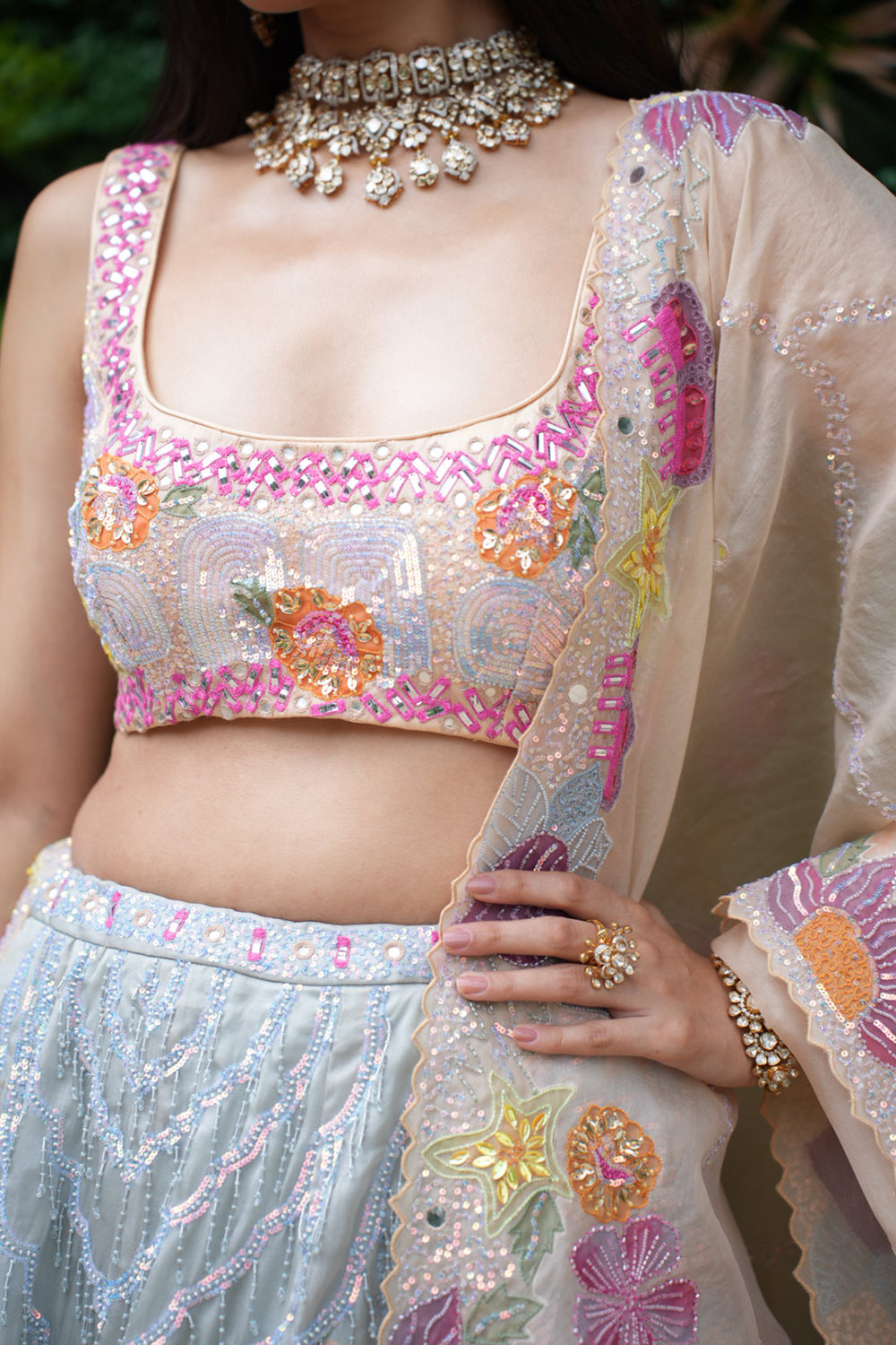 Sky Blue to Peach Satin Organza Lehenga with Blouse and Dupatta