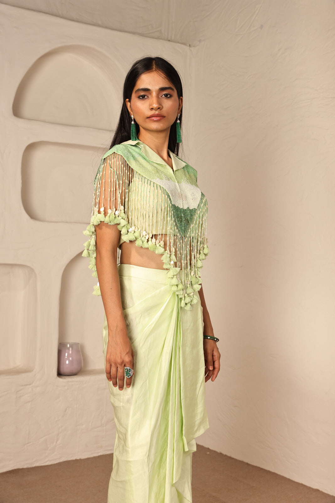 Parakeet Charm Parrot Green Chanderi Jacket & Velvet Drape Skirt