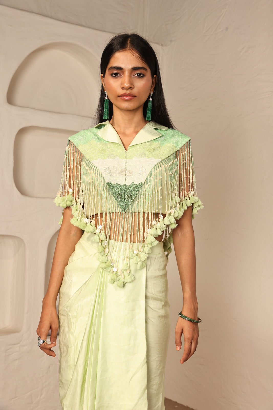 Parakeet Charm Parrot Green Chanderi Jacket & Velvet Drape Skirt