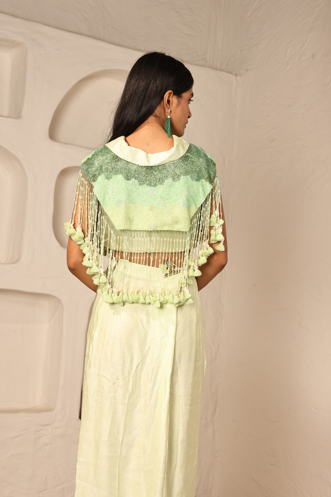 Parakeet Charm Parrot Green Chanderi Jacket & Velvet Drape Skirt