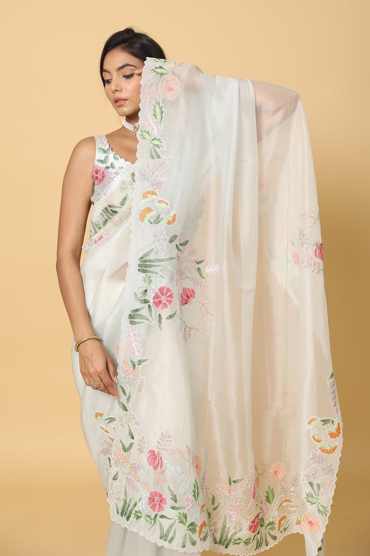 Light Floral Boarder Ivory Saree