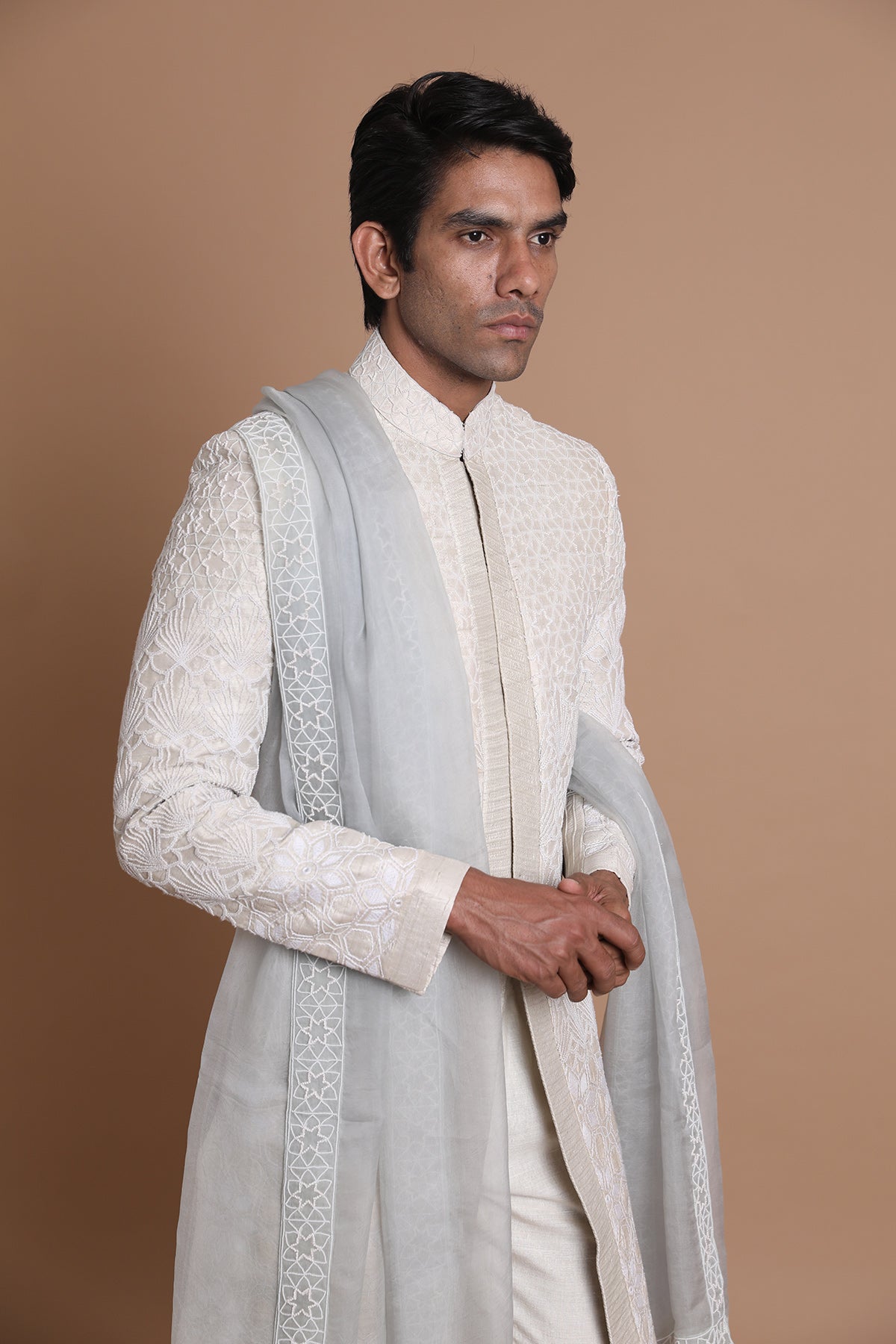 Raw Silk Hand Embroidery Sherwani Set