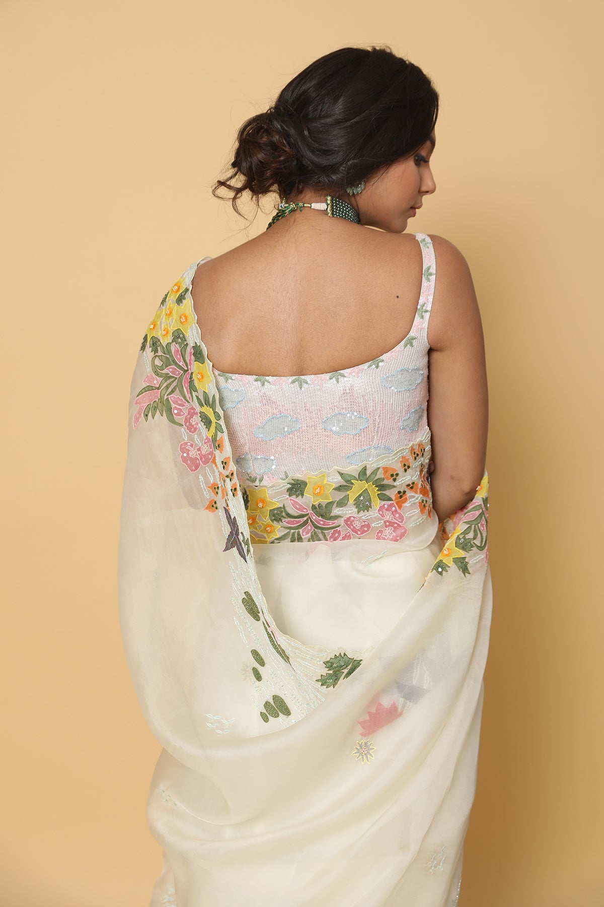 Light Lemon Floral Border Saree