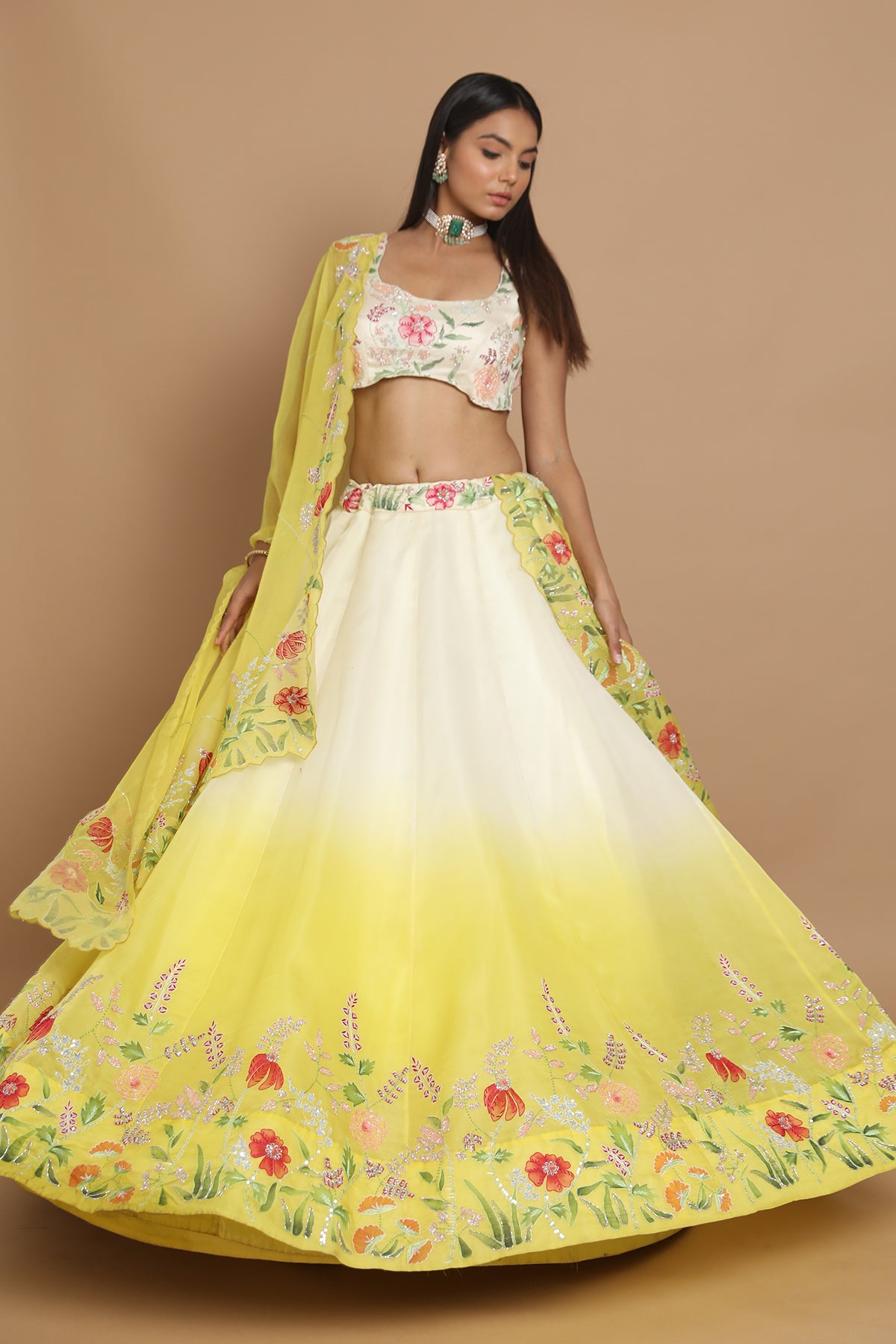 Ivory-Yellow Lehenga With Floral Motifs