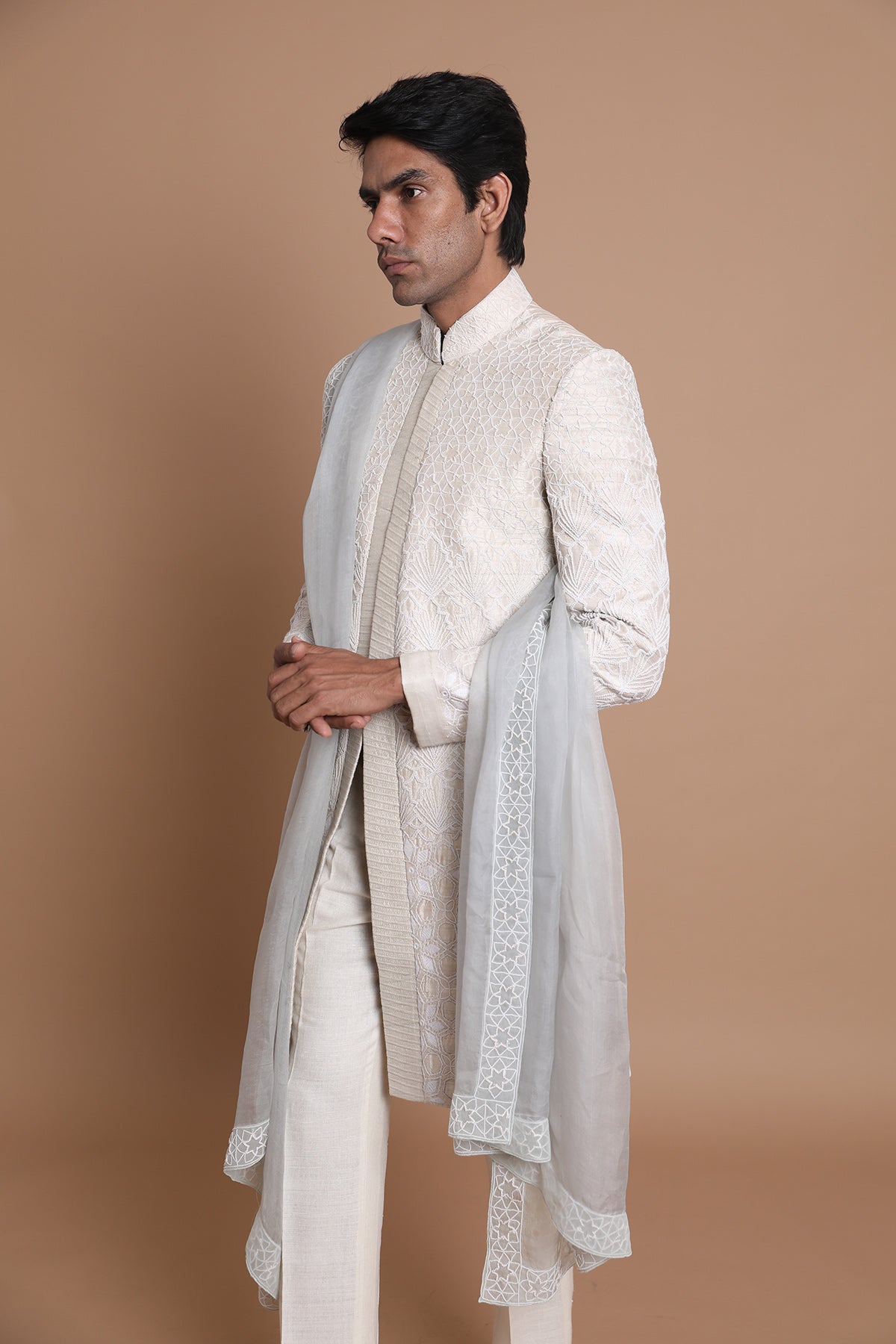 Raw Silk Hand Embroidery Sherwani Set