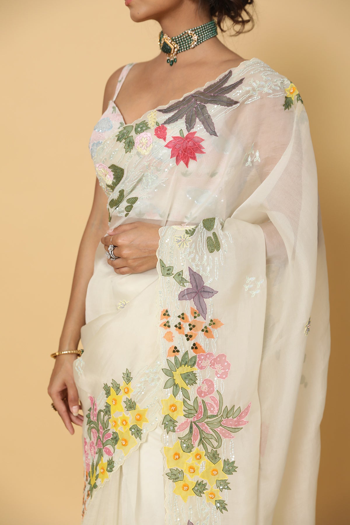 Light Lemon Floral Border Saree