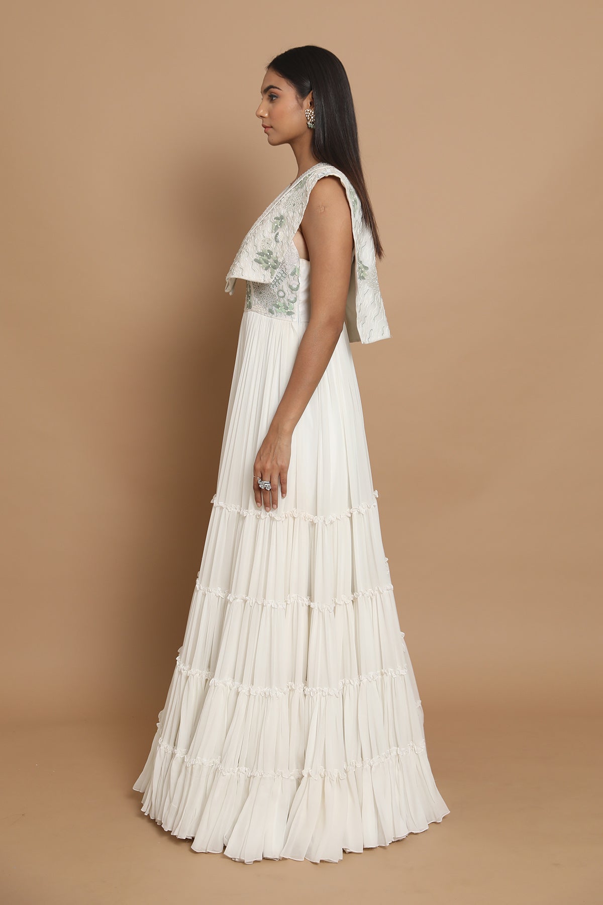 Frill Edged A Line Gown With Drape