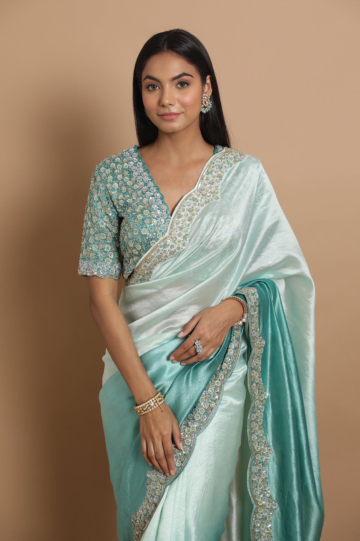 Ivory-Sage Green Heavy Silk Saree