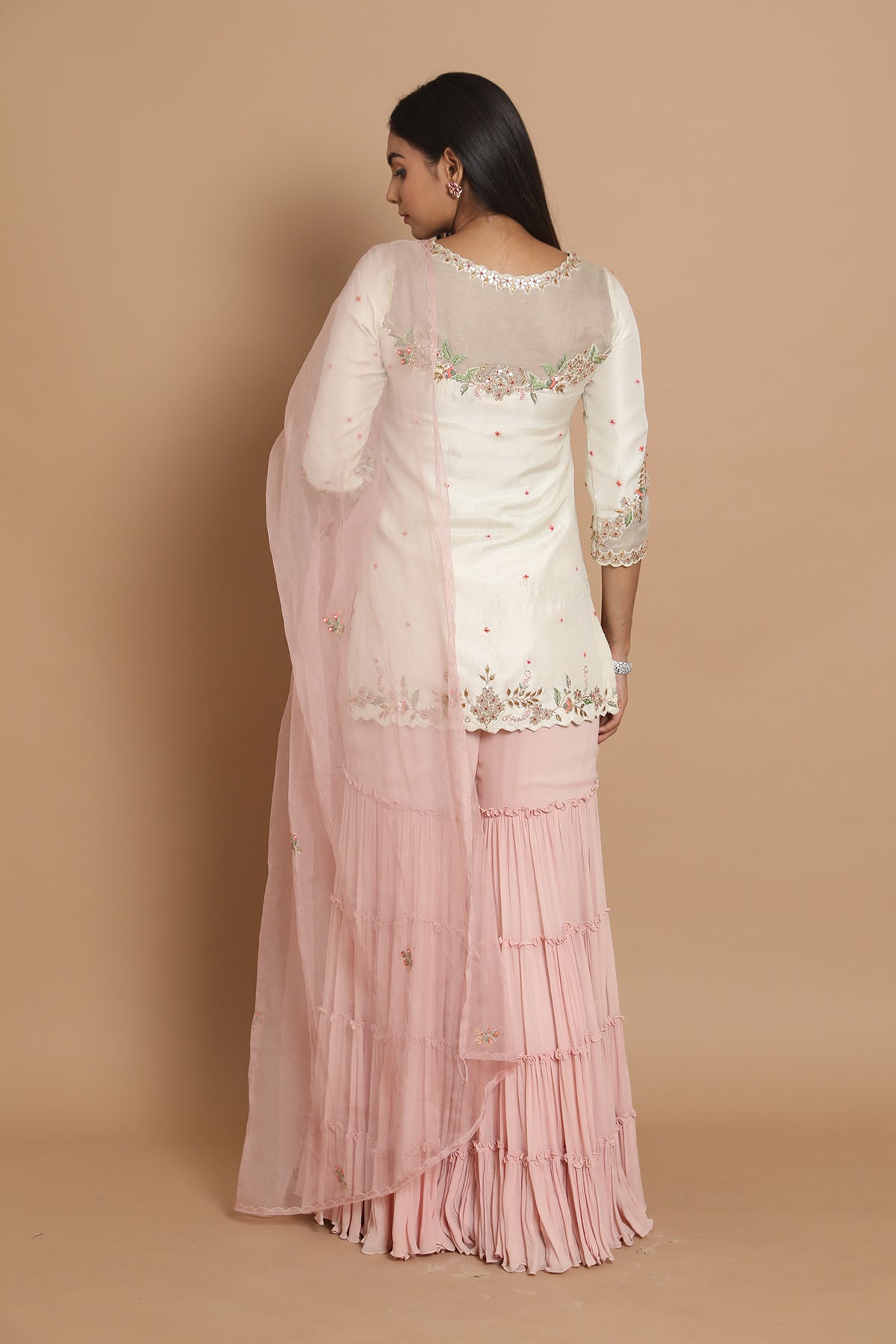 Ivory Silk Kurta With Pink Sharara