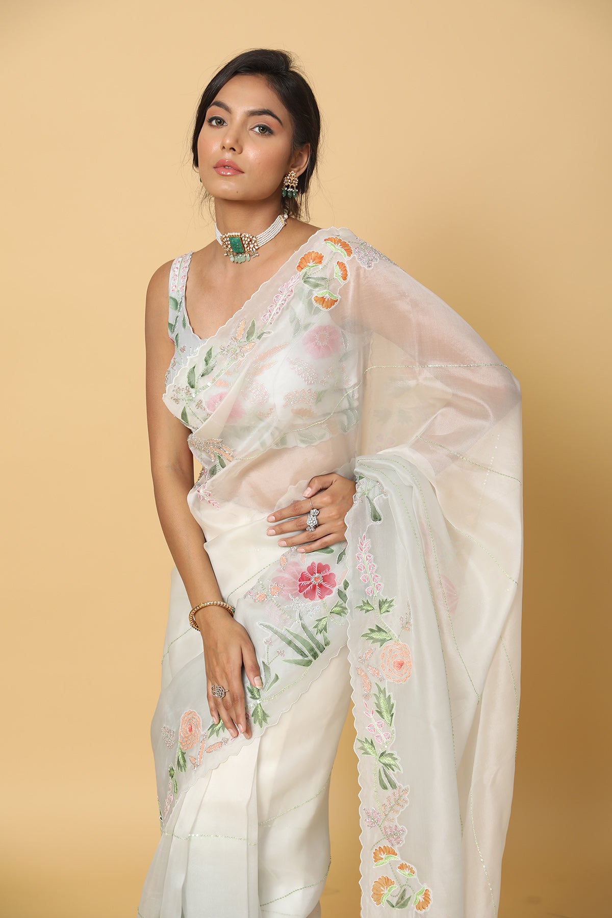 Light Floral Boarder Ivory Saree