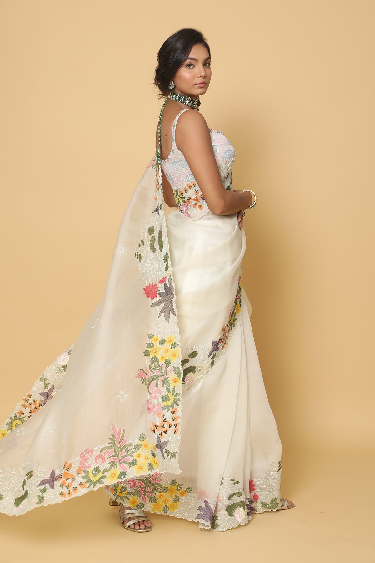 Light Lemon Floral Border Saree